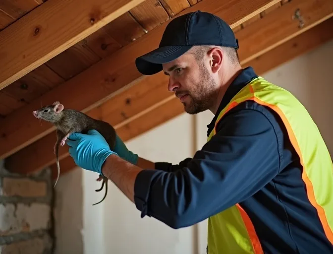 Technician inspecting a roof cavity for a dead rat in Seaford